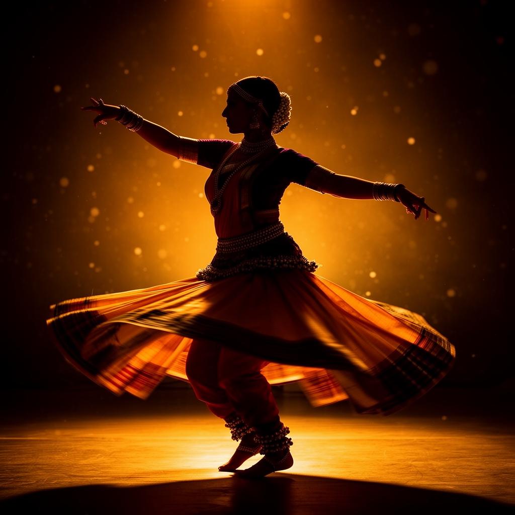 Kathak dancer performing a graceful spin under a warm stage light